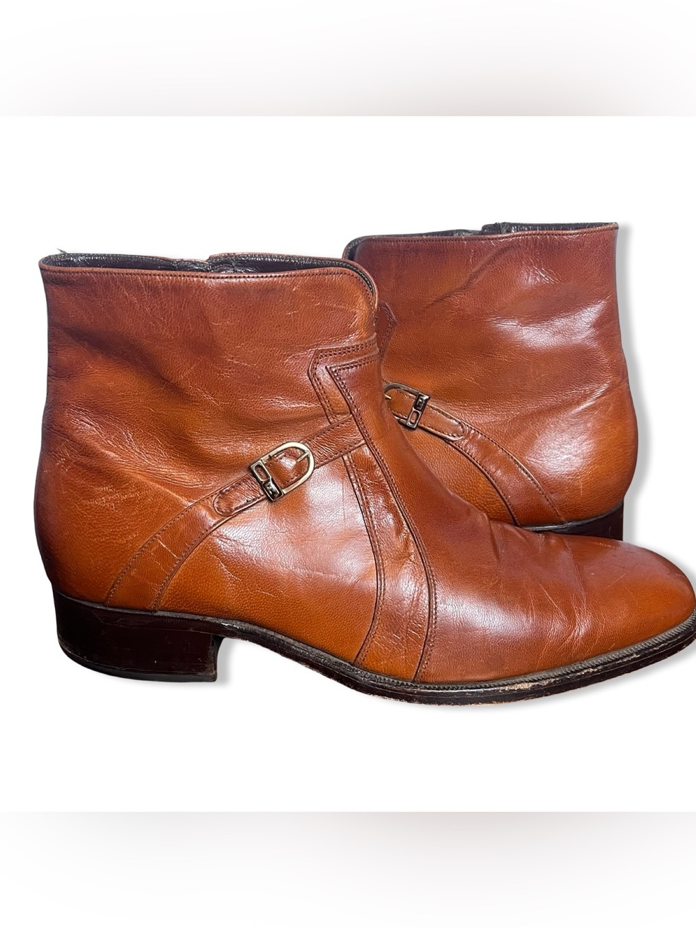 Vintage Florsheim Imperial Men's Leather Ankle Boots Cognac Buckle Zip - Sz. 9 D
